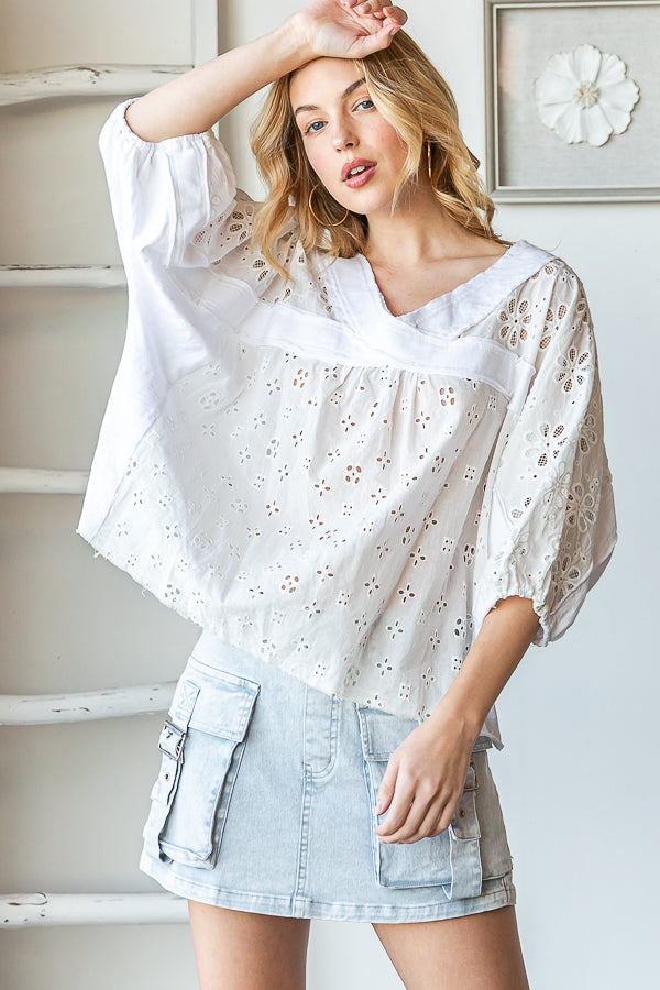 WASHED V NECK DOLMAN SHORT SLEEVE EYELET TOP