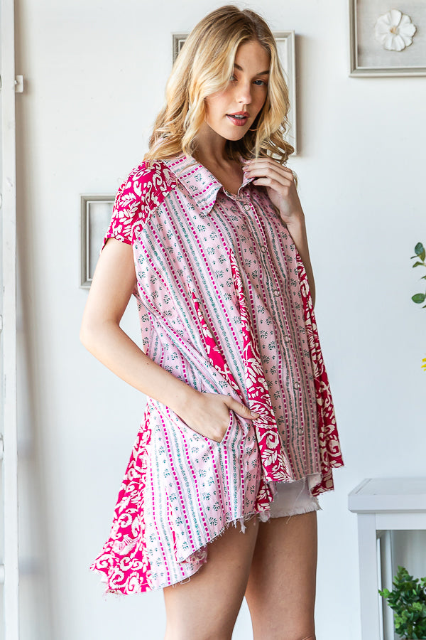 WASHED PRINTED BUTTON FRONT FLARE HEM TOP