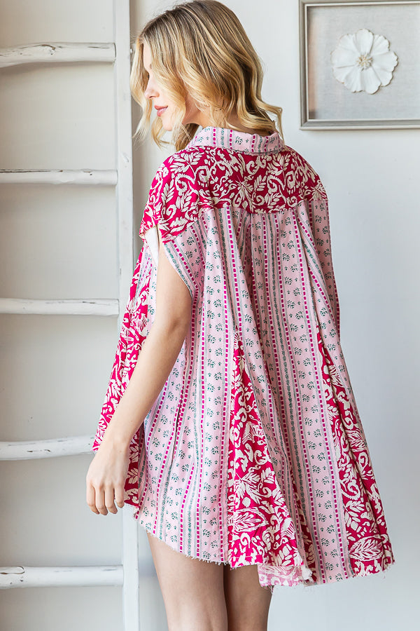 WASHED PRINTED BUTTON FRONT FLARE HEM TOP