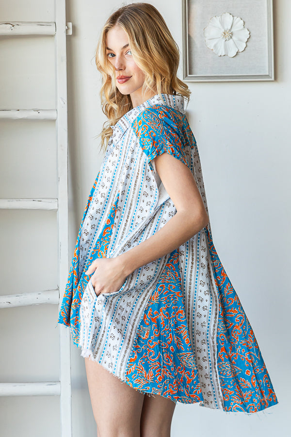 WASHED PRINTED BUTTON FRONT FLARE HEM TOP