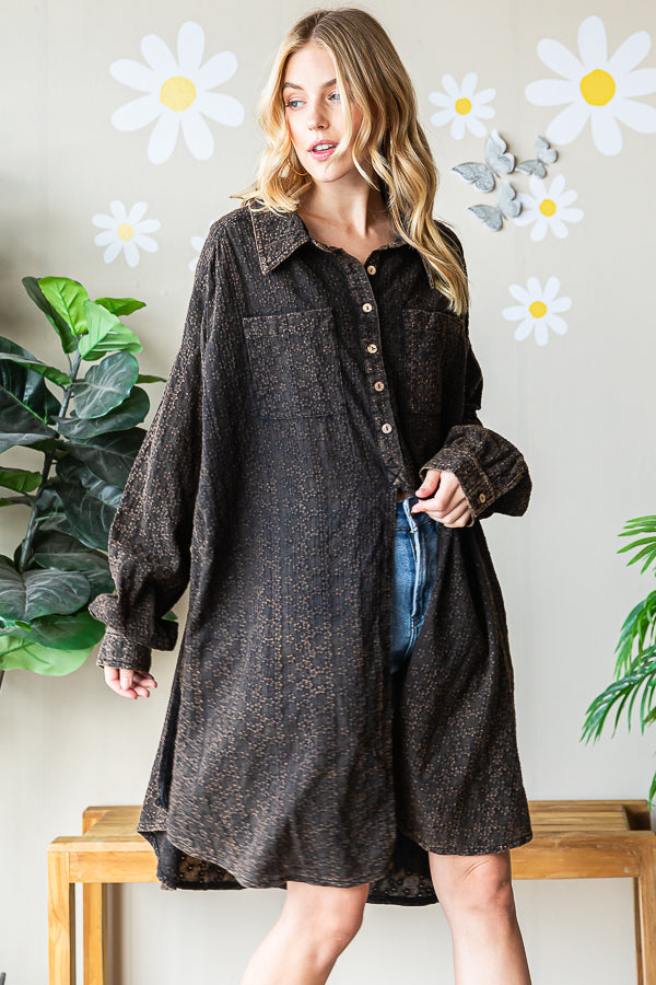 WASHED TEXTURED COLLAR BUTTON DOWN LONG SHIRT