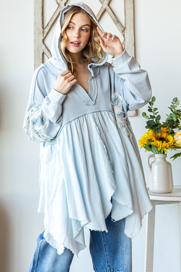 DAISY PATCHWORK RUFFLE HEM OVERSIZED HOODED TOP