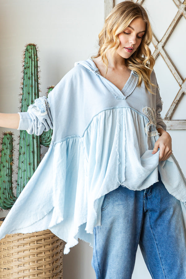 DAISY PATCHWORK RUFFLE HEM OVERSIZED HOODED TOP