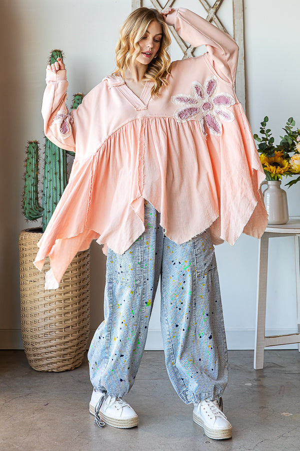 DAISY PATCHWORK RUFFLE HEM OVERSIZED HOODED TOP