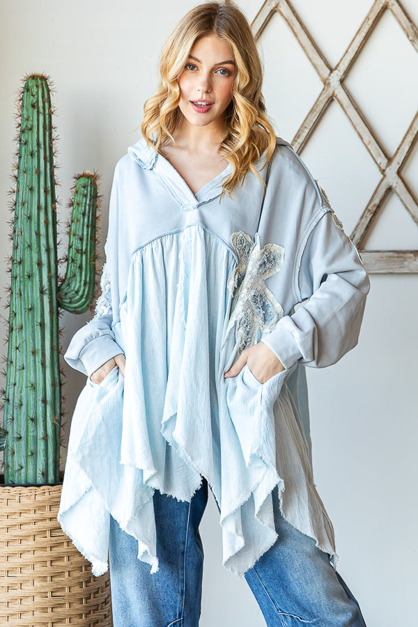 DAISY PATCHWORK RUFFLE HEM OVERSIZED HOODED TOP