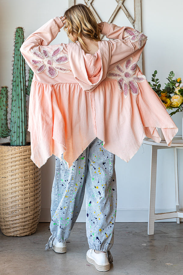 DAISY PATCHWORK RUFFLE HEM OVERSIZED HOODED TOP