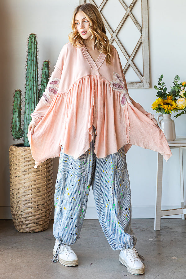 DAISY PATCHWORK RUFFLE HEM OVERSIZED HOODED TOP