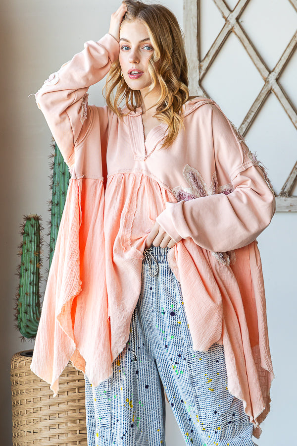 DAISY PATCHWORK RUFFLE HEM OVERSIZED HOODED TOP