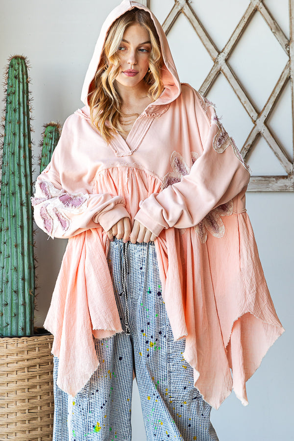 DAISY PATCHWORK RUFFLE HEM OVERSIZED HOODED TOP