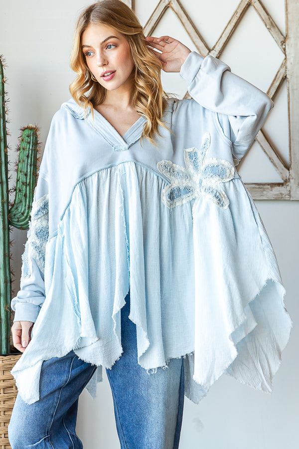 DAISY PATCHWORK RUFFLE HEM OVERSIZED HOODED TOP