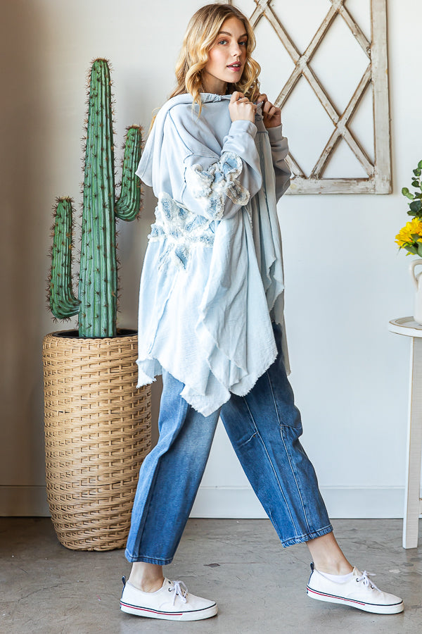 DAISY PATCHWORK RUFFLE HEM OVERSIZED HOODED TOP