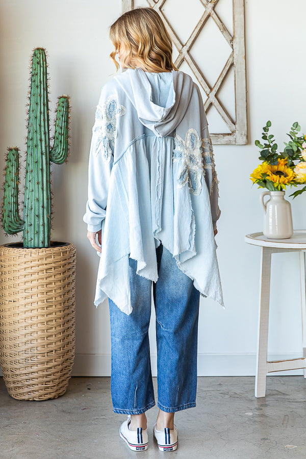 DAISY PATCHWORK RUFFLE HEM OVERSIZED HOODED TOP