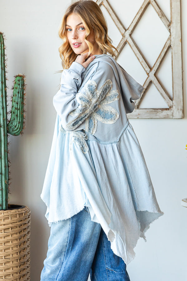 DAISY PATCHWORK RUFFLE HEM OVERSIZED HOODED TOP