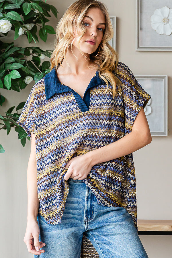 CONTRAST COLLAR STRIPED SLEEVELESS KNIT TOP