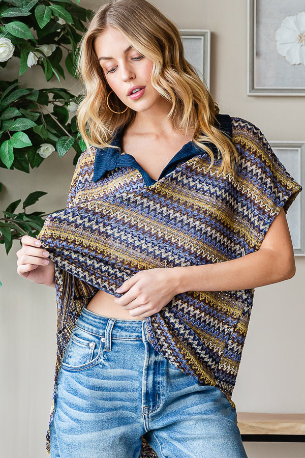 CONTRAST COLLAR STRIPED SLEEVELESS KNIT TOP