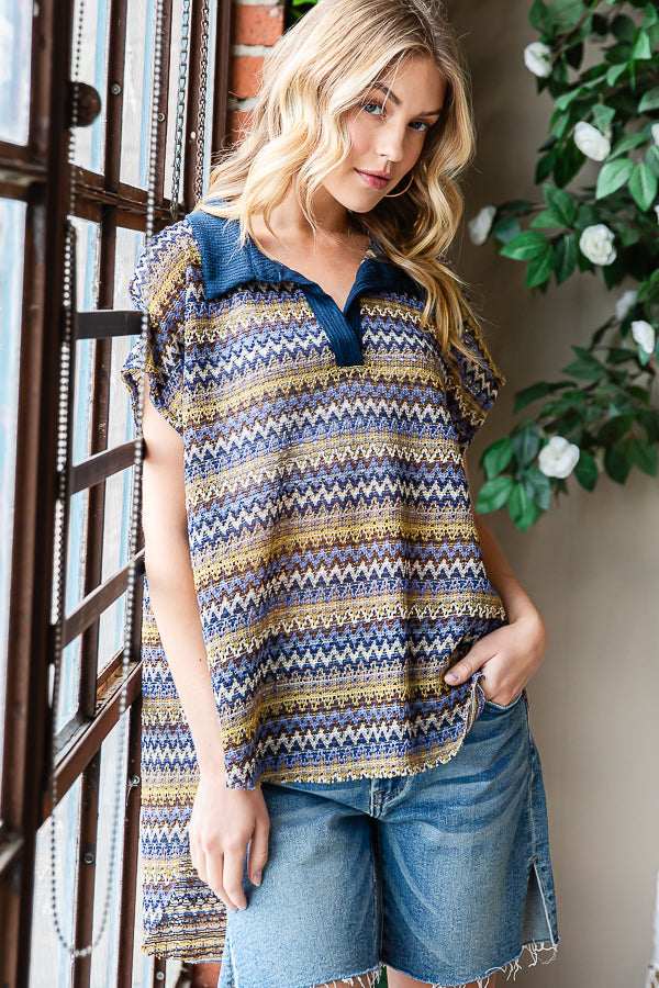 CONTRAST COLLAR STRIPED SLEEVELESS KNIT TOP