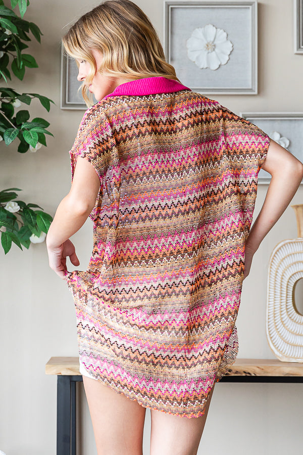 CONTRAST COLLAR STRIPED SLEEVELESS KNIT TOP