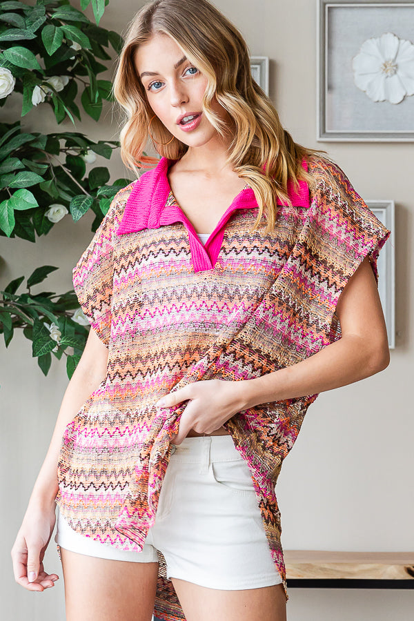 CONTRAST COLLAR STRIPED SLEEVELESS KNIT TOP