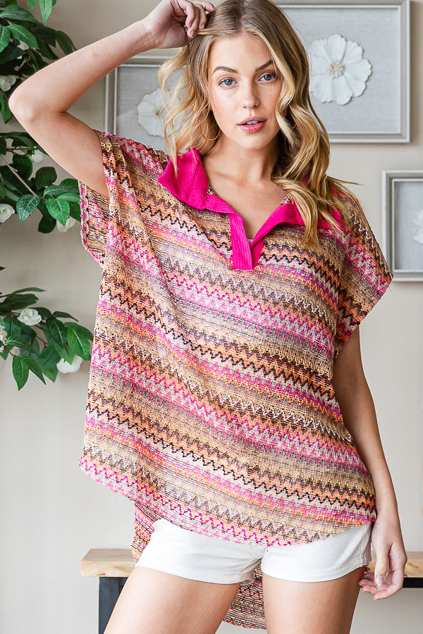 CONTRAST COLLAR STRIPED SLEEVELESS KNIT TOP