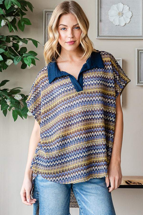 CONTRAST COLLAR STRIPED SLEEVELESS KNIT TOP