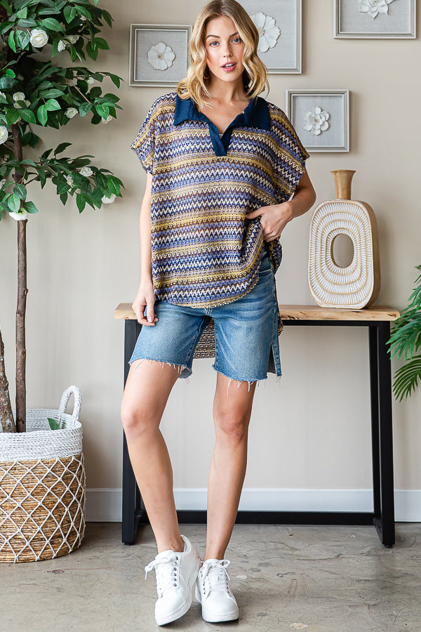 CONTRAST COLLAR STRIPED SLEEVELESS KNIT TOP