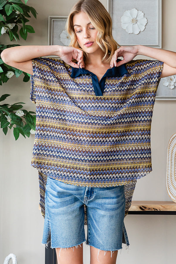 CONTRAST COLLAR STRIPED SLEEVELESS KNIT TOP