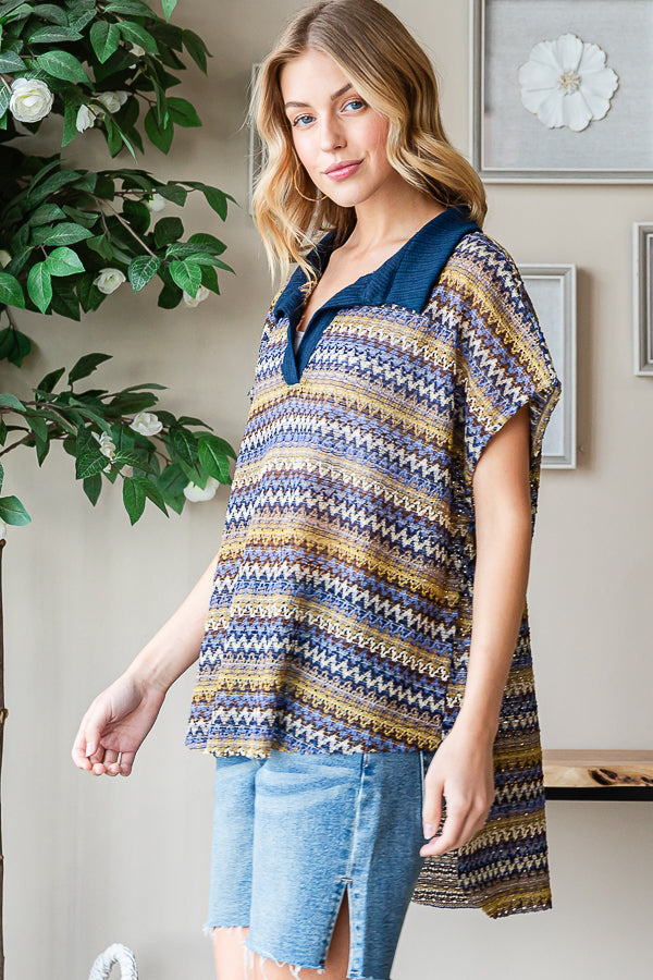 CONTRAST COLLAR STRIPED SLEEVELESS KNIT TOP