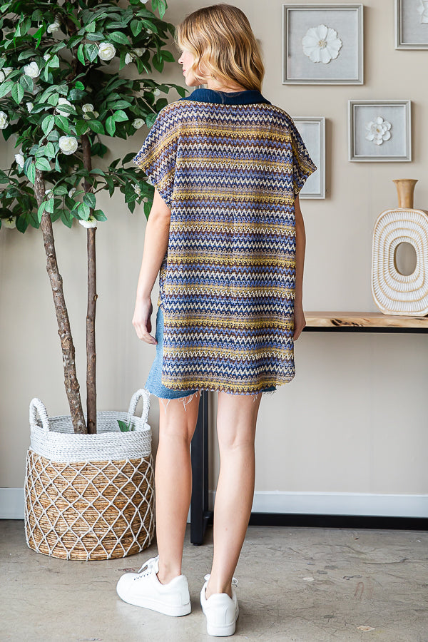 CONTRAST COLLAR STRIPED SLEEVELESS KNIT TOP