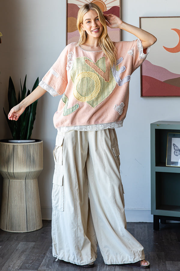 WASHED LOVE LETTERING PATCHWORK OVERSIZED TOP