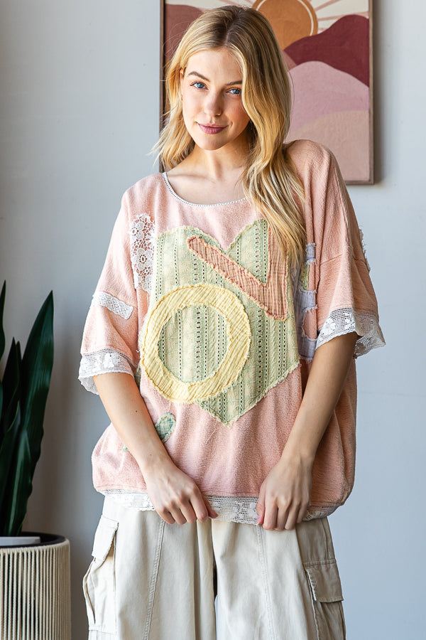 WASHED LOVE LETTERING PATCHWORK OVERSIZED TOP