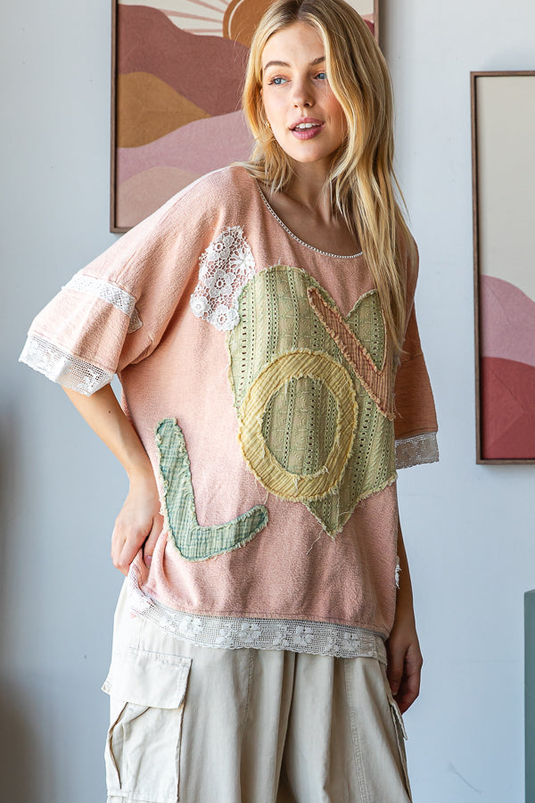 WASHED LOVE LETTERING PATCHWORK OVERSIZED TOP