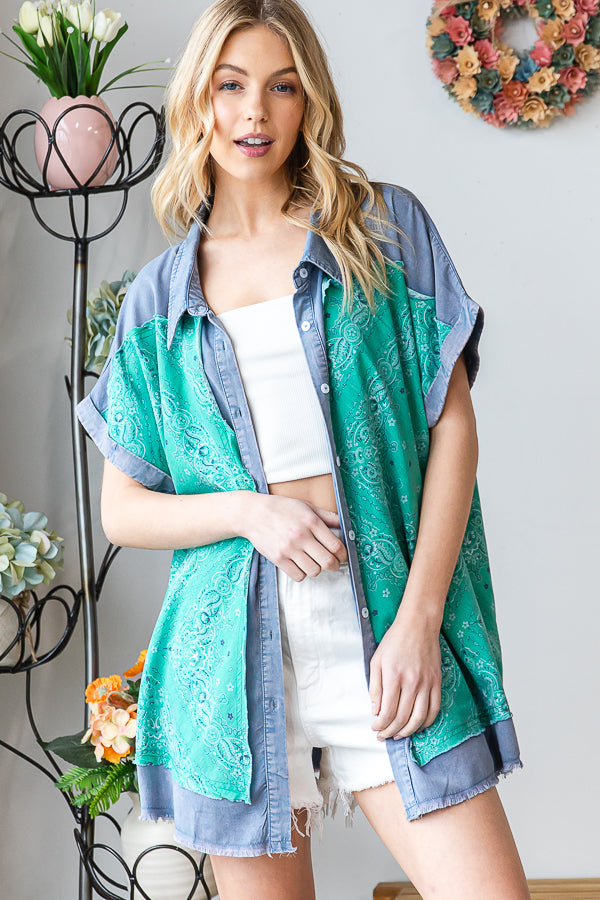 WASHED SCARF PRINT BUTTON FRONT SHIRT