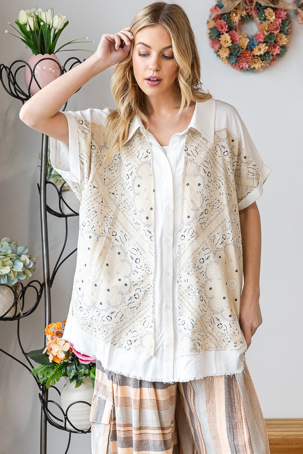 WASHED SCARF PRINT BUTTON FRONT SHIRT