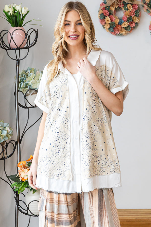WASHED SCARF PRINT BUTTON FRONT SHIRT