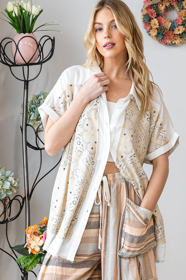 WASHED SCARF PRINT BUTTON FRONT SHIRT