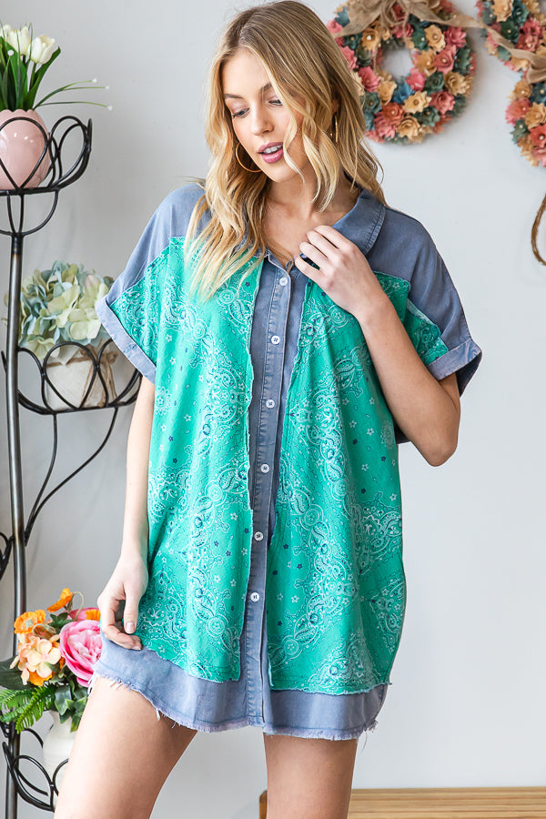 WASHED SCARF PRINT BUTTON FRONT SHIRT