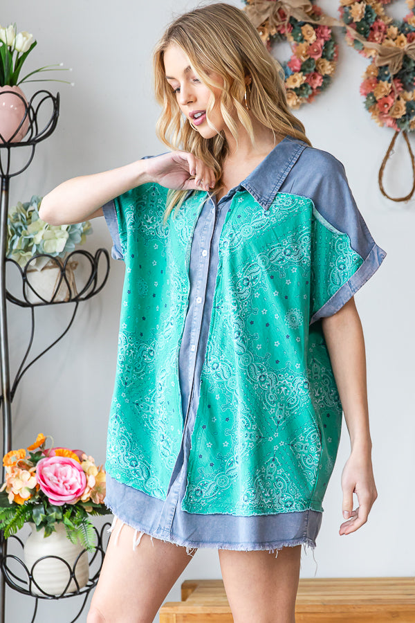 WASHED SCARF PRINT BUTTON FRONT SHIRT