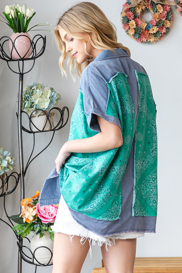 WASHED SCARF PRINT BUTTON FRONT SHIRT