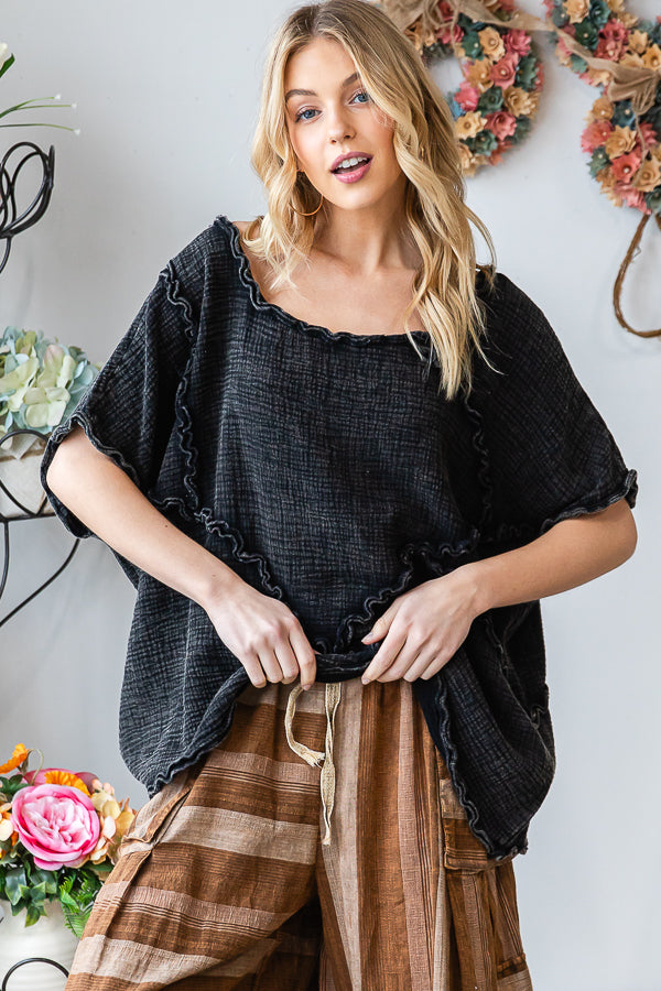 WASHED DOUBLE GUAZE RUFFLED DETAIL OVERSIZED TEE