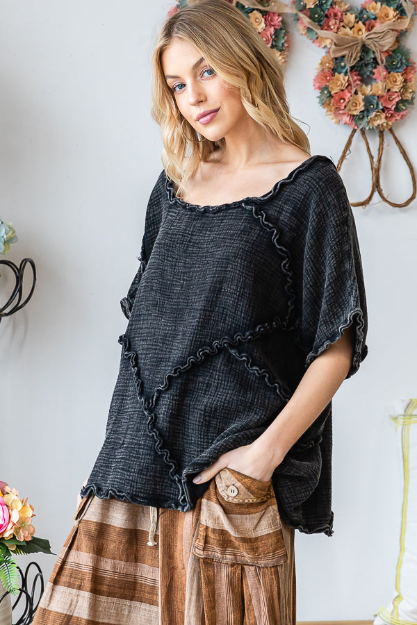 WASHED DOUBLE GUAZE RUFFLED DETAIL OVERSIZED TEE