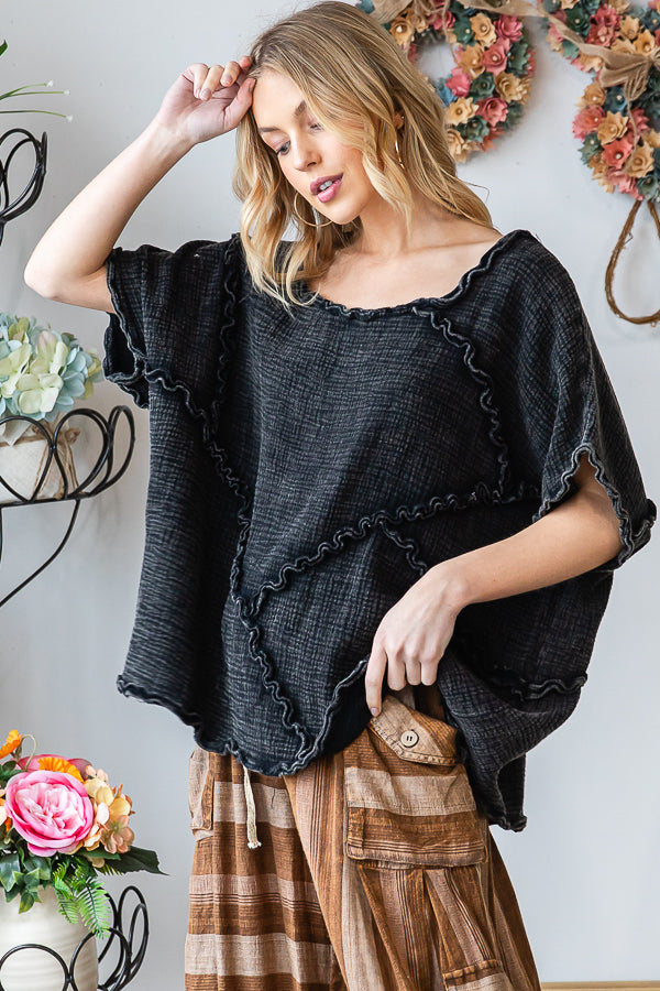 WASHED DOUBLE GUAZE RUFFLED DETAIL OVERSIZED TEE