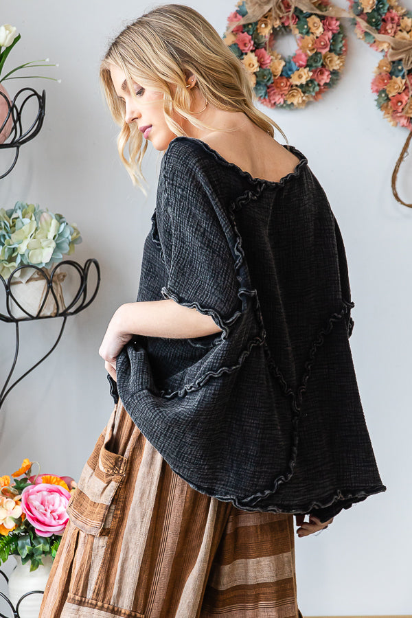 WASHED DOUBLE GUAZE RUFFLED DETAIL OVERSIZED TEE