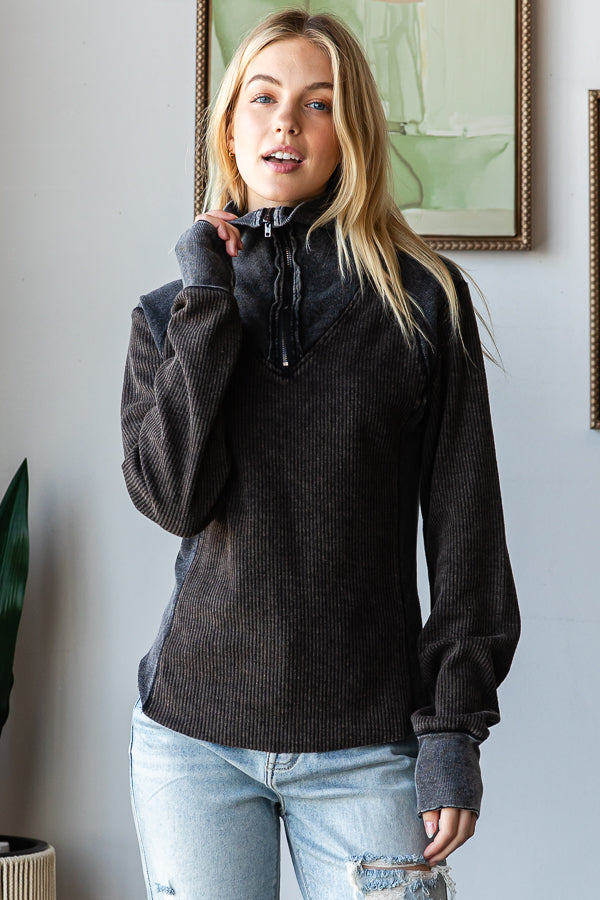 WASHED HENLEY ZIP UP NECK WAFFLE TOP