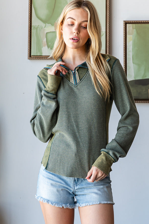 WASHED HENLEY ZIP UP NECK WAFFLE TOP