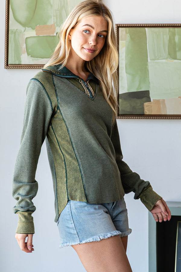 WASHED HENLEY ZIP UP NECK WAFFLE TOP