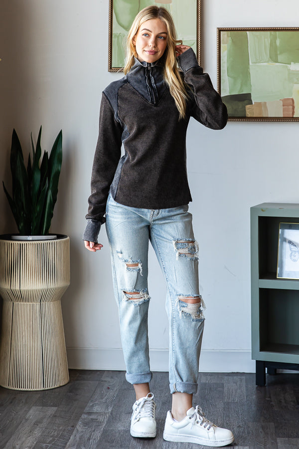 WASHED HENLEY ZIP UP NECK WAFFLE TOP