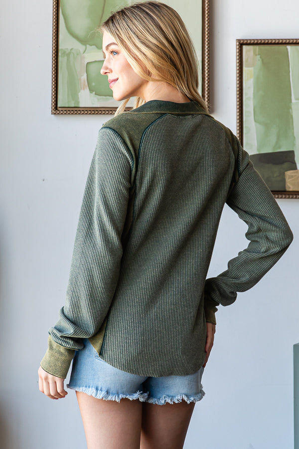 WASHED HENLEY ZIP UP NECK WAFFLE TOP