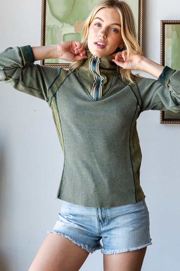 WASHED HENLEY ZIP UP NECK WAFFLE TOP