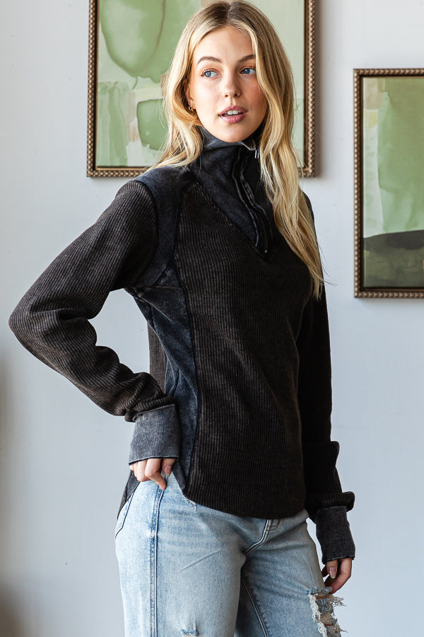 WASHED HENLEY ZIP UP NECK WAFFLE TOP