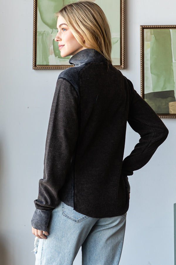 WASHED HENLEY ZIP UP NECK WAFFLE TOP